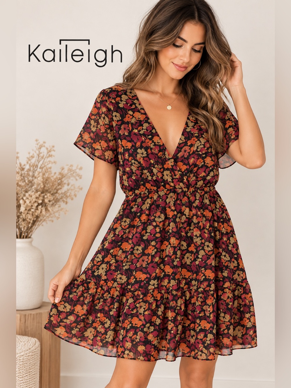 Kaileigh Floral Chiffon Mini Dress Deep V-Neck Black Multi L
